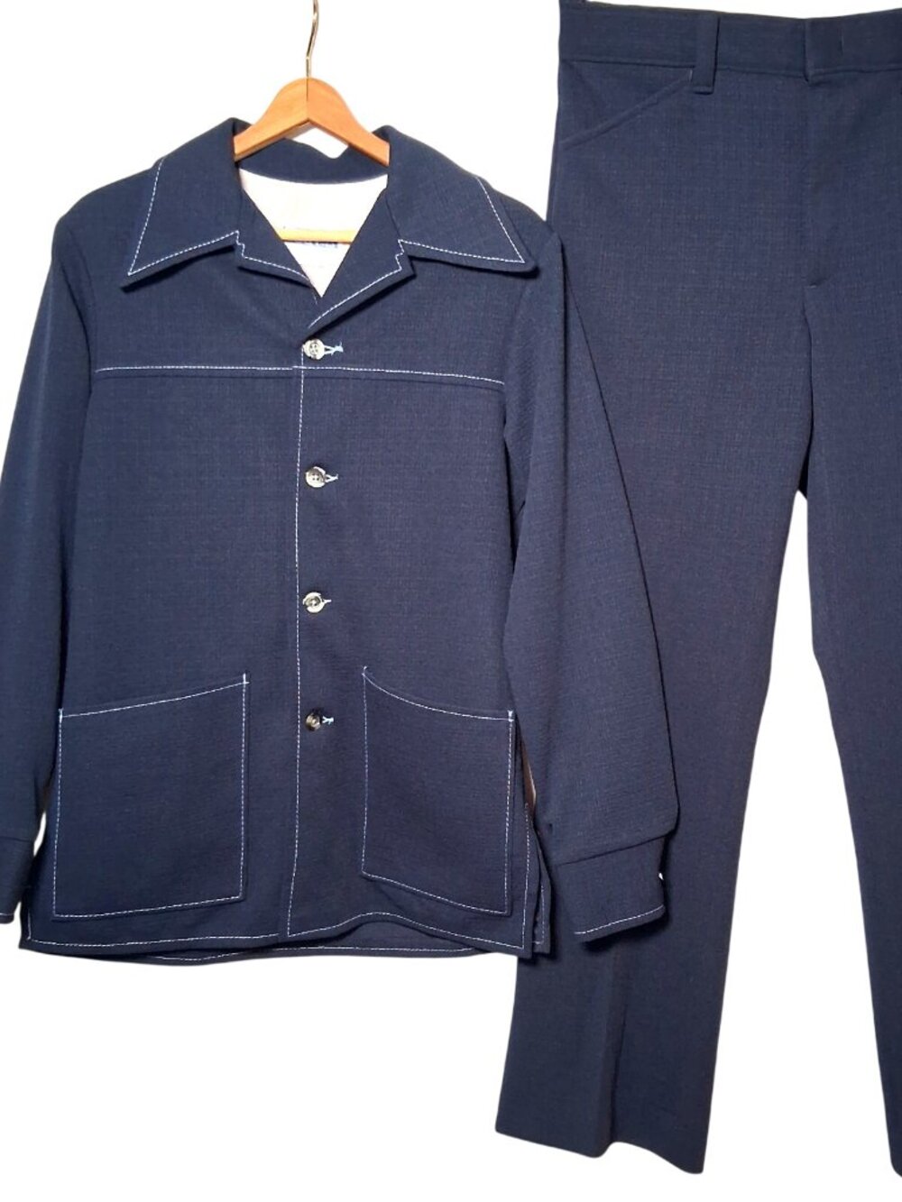 Vintage 1970s Time Out By Farah Western Suit Men Navy Blue Polyester Leisure